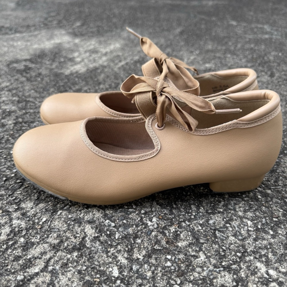 Girls Tan Tap Shoes Size 3.5 A Nude Tan Heeled - Picture 3 of 10